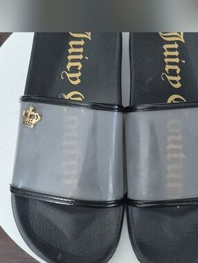 ​Juicy Couture Glimmer Black Jelly Slides with Gold Crown Embellishment - Size 8